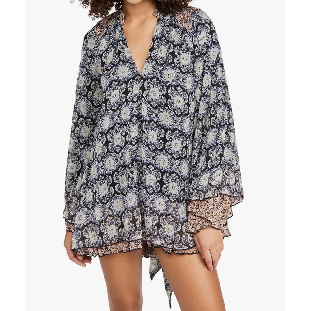 Free People Gabi Tunic XS Blue Paisley Bell Sleeve Open Back Boho Top Oversized
